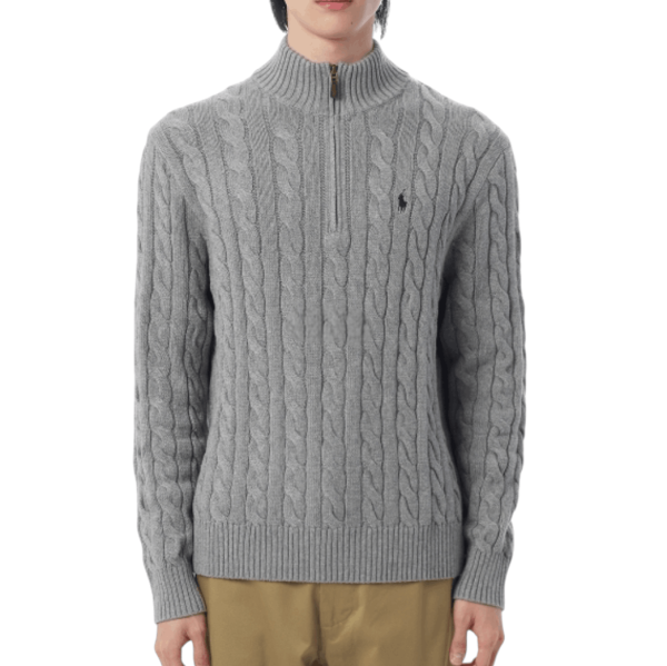 Polo Ralph Lauren Men Cable-Knit Cotton Quarter-Zip Jumper Grey