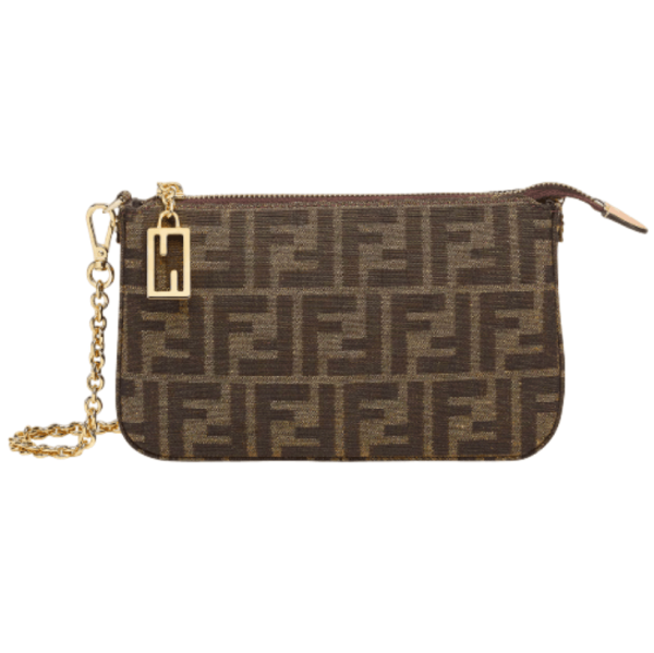 Fendi Baguette Jacquard FF Fabric Chain Pouch Bag Brown