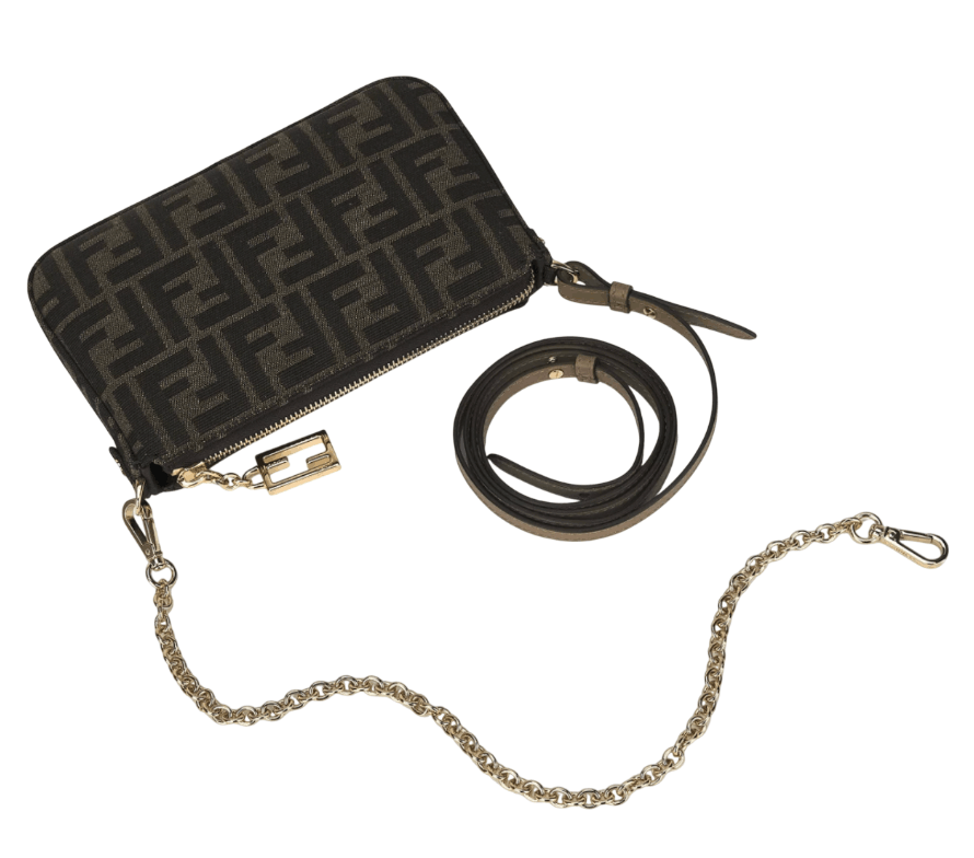 Fendi Baguette Jacquard FF Fabric Chain Pouch Bag Brown