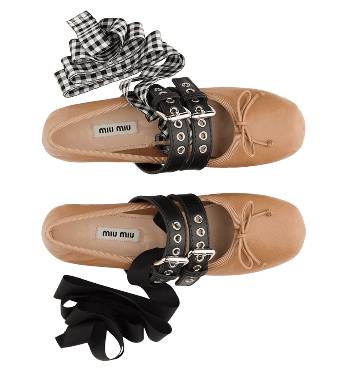 (W) Miu Miu Nappa Leather Ballerinas with Belts Nude Nero