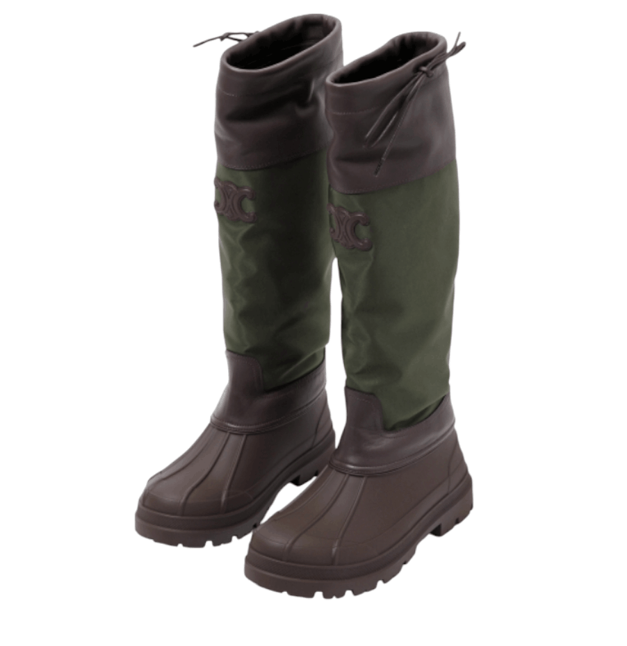 (W) Celine Riley High Boot In Nylon and Calfskin Darkbrown Khaki