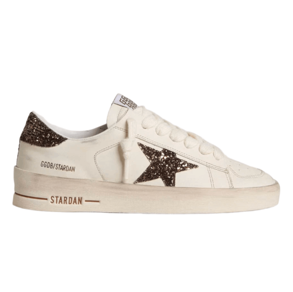 (W) Golden Goose Stardan in White Leather with Brown Glitter Star and Heel Tab Sneakers White