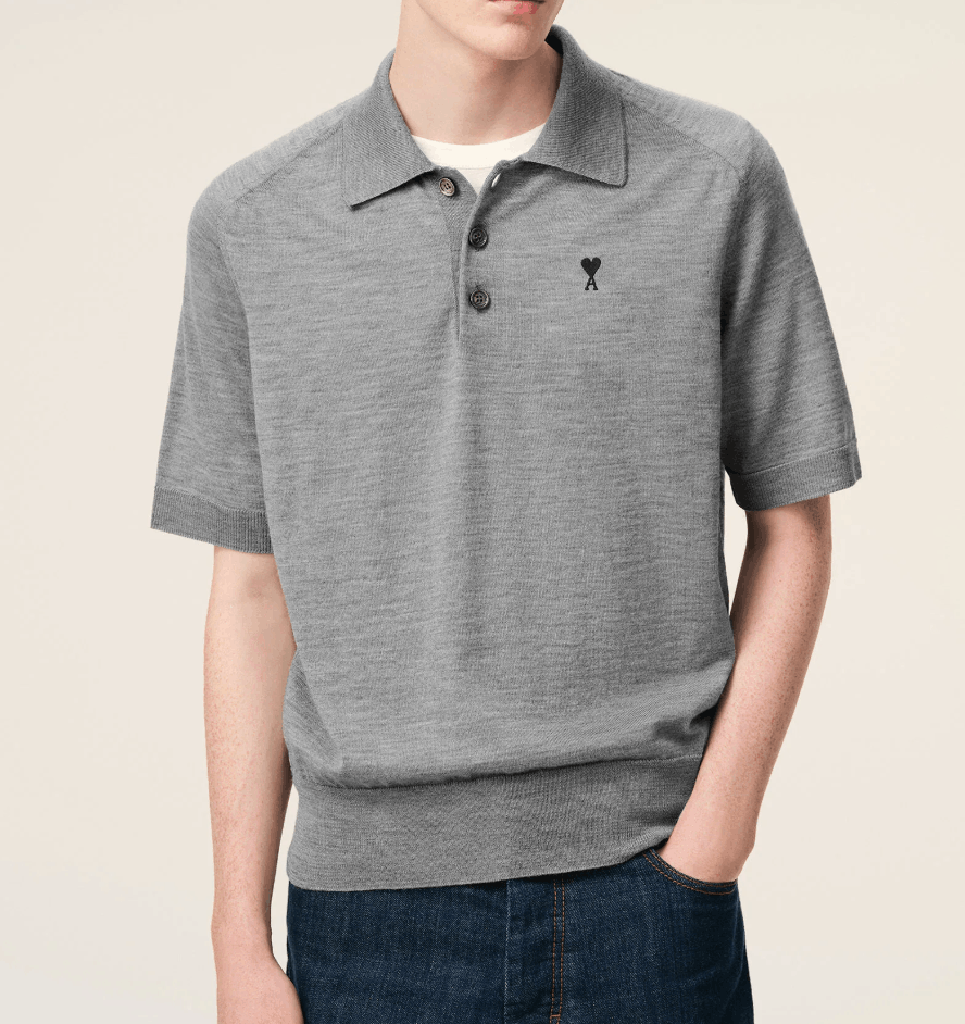 Ami Paris Grey Wool Short Sleeves Ami De Coeur Polo