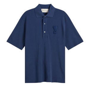 INK Blue Cotton Ami De Coeur Knitted Patch Polo 