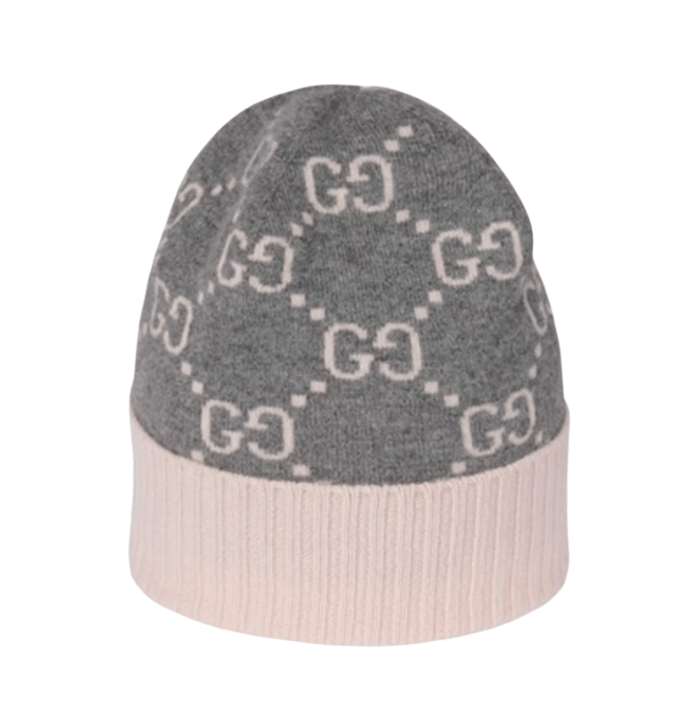 (W) Gucci GG Cashmere Jacquard Hat Grey Pink