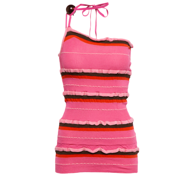 (W) Jacquemus La Maille Concha Asymmetric Bead Knit Top Dark Pink