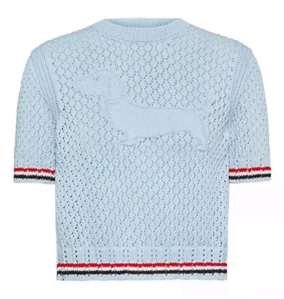 (W) Thom Browne Cotton Pointelle Stitch Hector RWB T-Shirt Light Blue