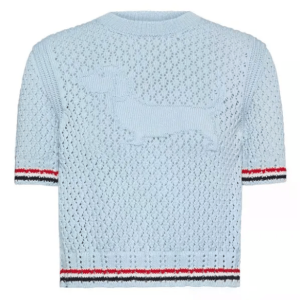 (W) Thom Browne Cotton Pointelle Stitch Hector RWB T-Shirt Light Blue