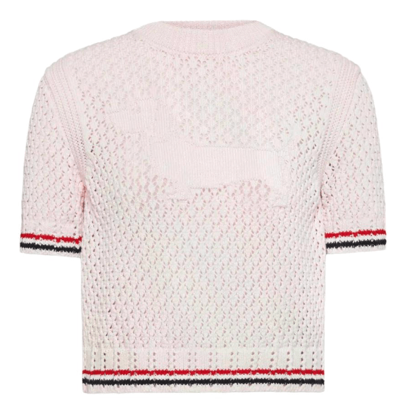 (W) Thom Browne Cotton Pointelle Stitch Hector RWB T-Shirt Light Pink