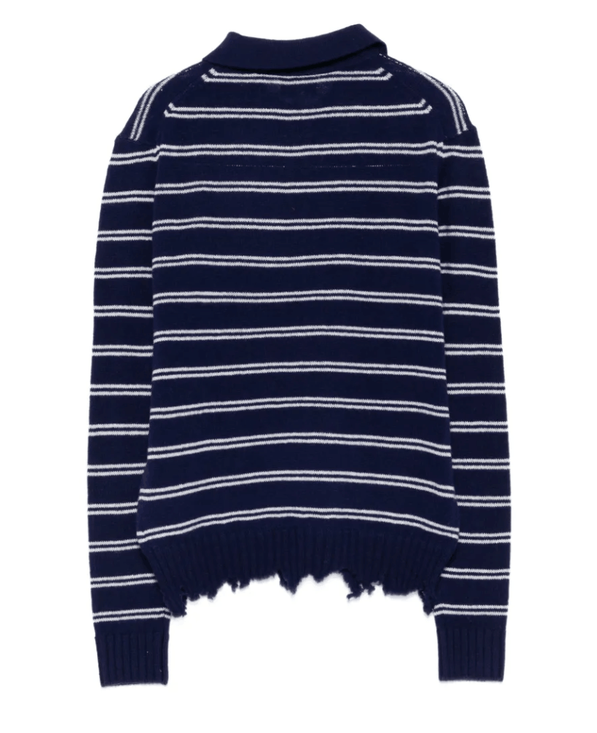 SHUSHU/TONG Striped distressed-effect Polo Shirt Blue