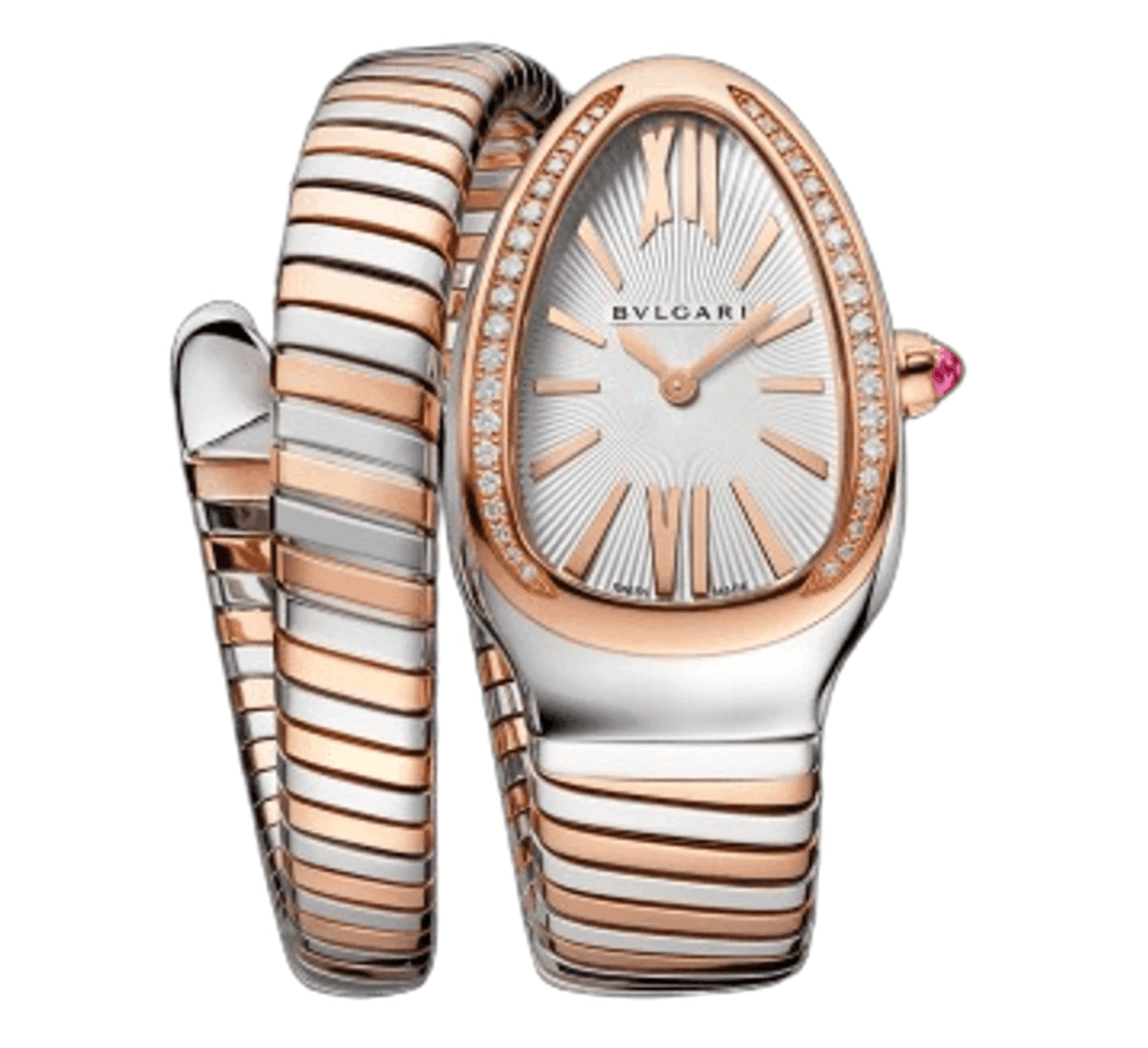 (W) Bulgari Serpenti Tubogas Quartz 35mm Watch Stainless Steel Rose Gold White Diamonds