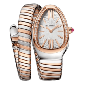 (W) Bulgari Serpenti Tubogas Quartz 35mm Watch Stainless Steel Rose Gold White Diamonds