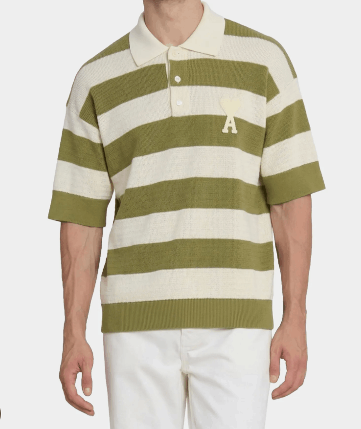 AMI Paris Striped Logo Polo Shirt Green
