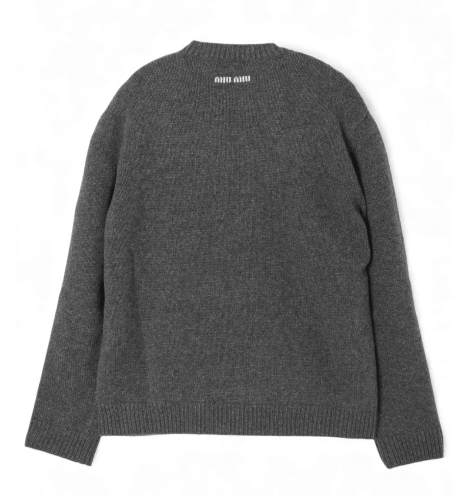 MIU MIU BACK LOGO CASHMERE KNIT SWEATER GREY 