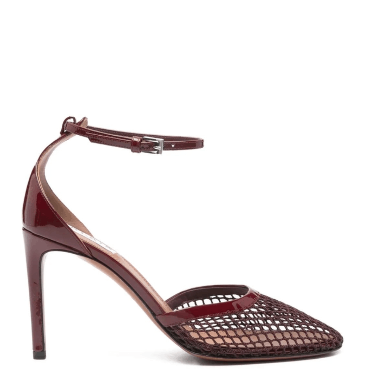 Burgundy fishnet heeled pumps