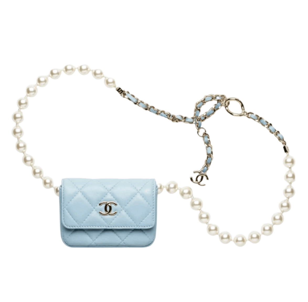 Chanel Belt Bag Lambskin Imitation Pearls & Gold Light Blue