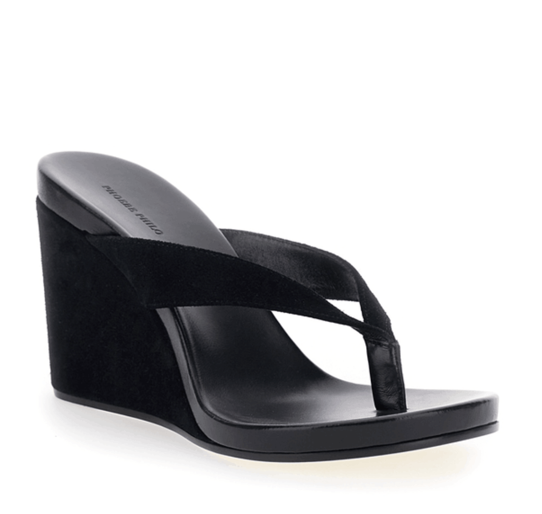 Suede wedge thong sandals in black 
