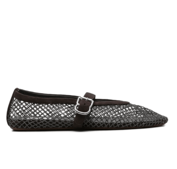 ALAÏA Brun Foncé BALLET FLATS IN STRASS FISHNET 