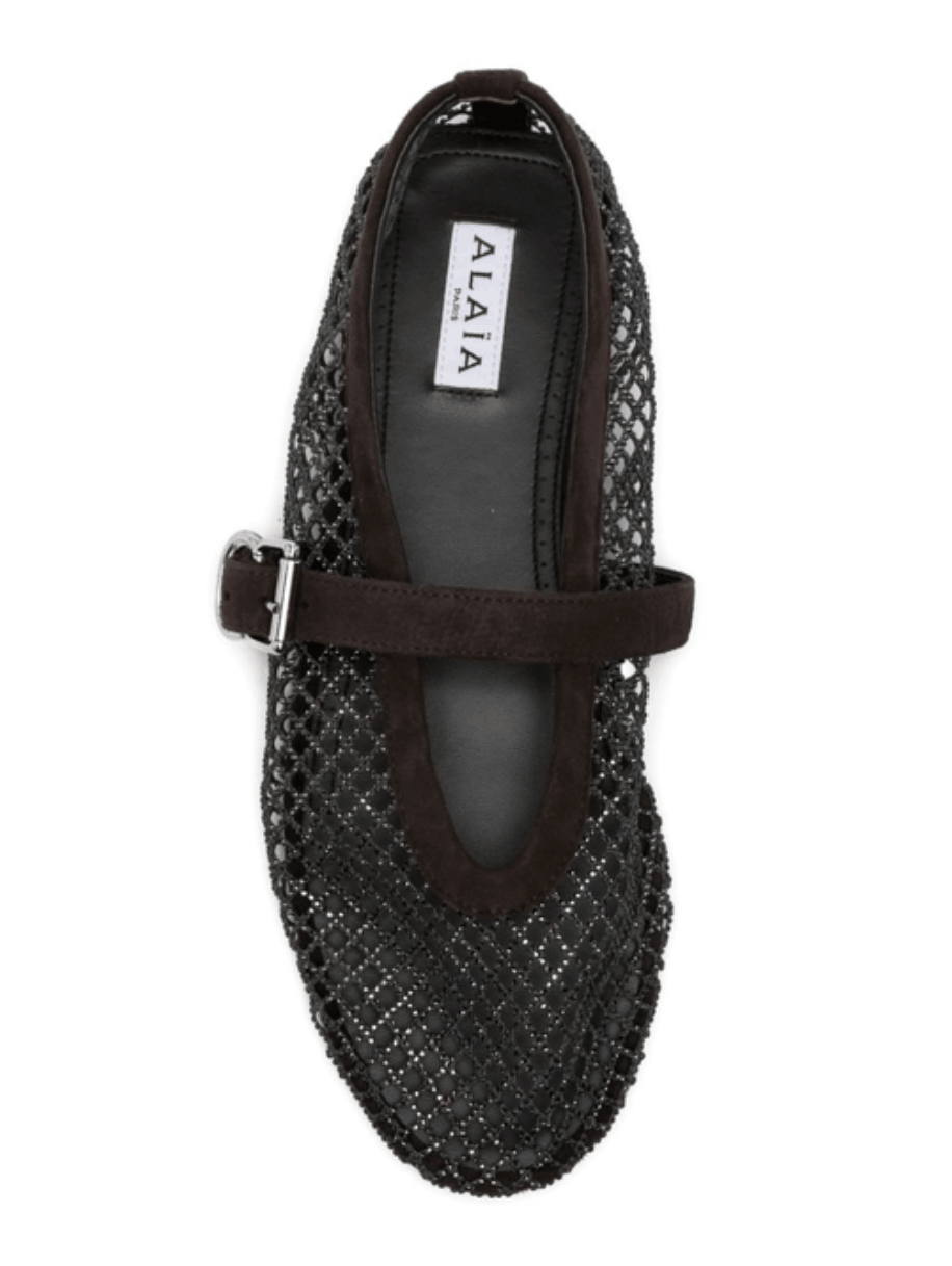 ALAÏA Brun Foncé BALLET FLATS IN STRASS FISHNET 
