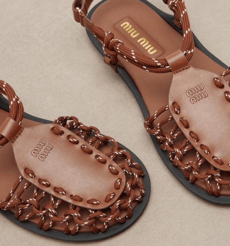 Miu Miu Leather-Trimmed Sandals in Brown