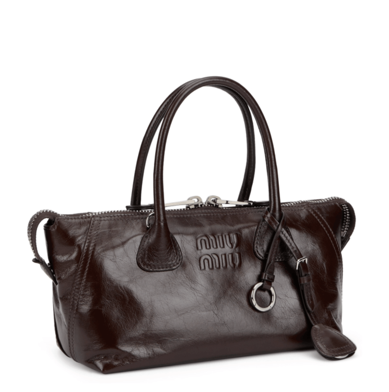 Leather handbag with embossed lettering logo