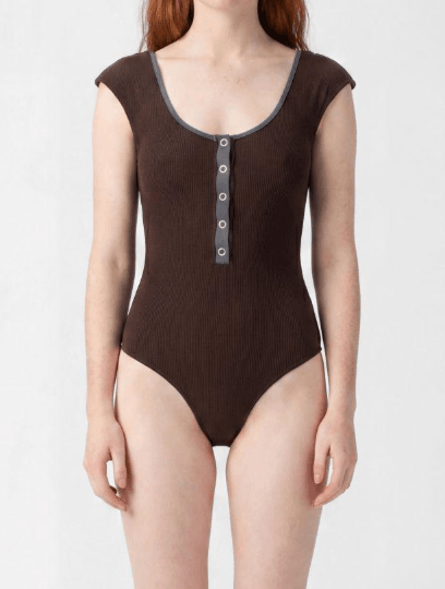 Brown Swimsuit with Grey Trim - Snap Closure 