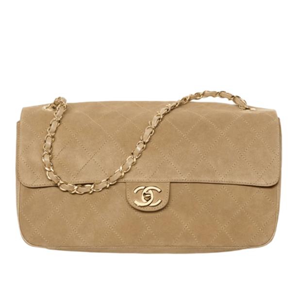 Chanel Maxi Flap Bag Suede Calfskin & Gold Dark Beige