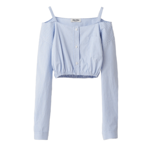 (W) Miu Miu Striped Chambray Shirt with Logo Light Blue