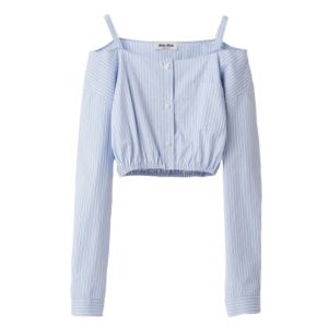 (W) Miu Miu Striped Chambray Shirt with Logo Light Blue