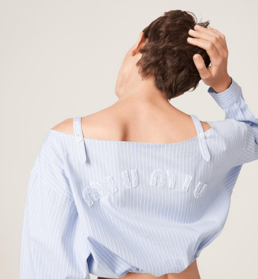 (W) Miu Miu Striped Chambray Shirt with Logo Light Blue