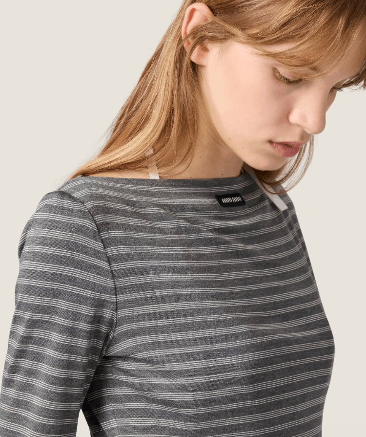(W) Miu Miu Striped Jersey Top Slate Gray White