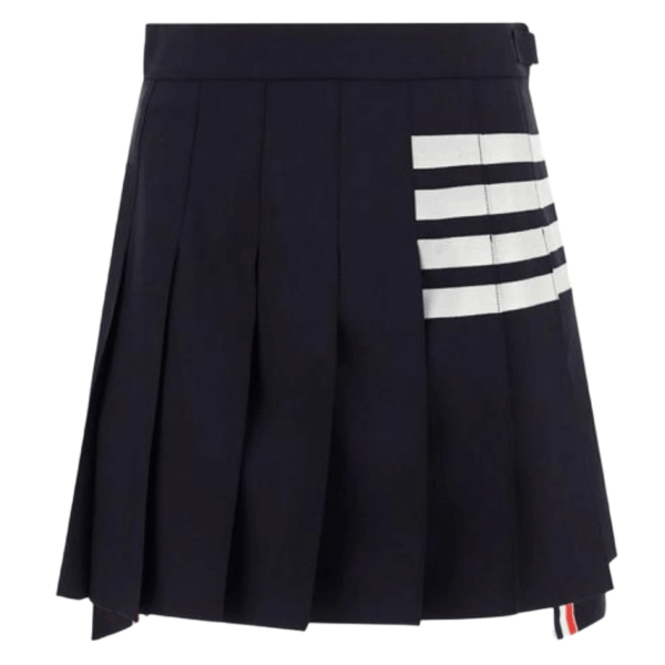 (W) Thom Browne Plain Weave Mini Pleated 4-Bar Skirt Navy