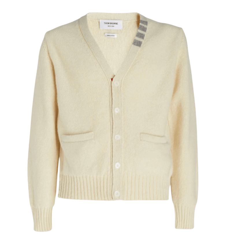 Thom Browne Reverse Jersey Stitch Donegal 4-Bar V-Neck Cardigan White