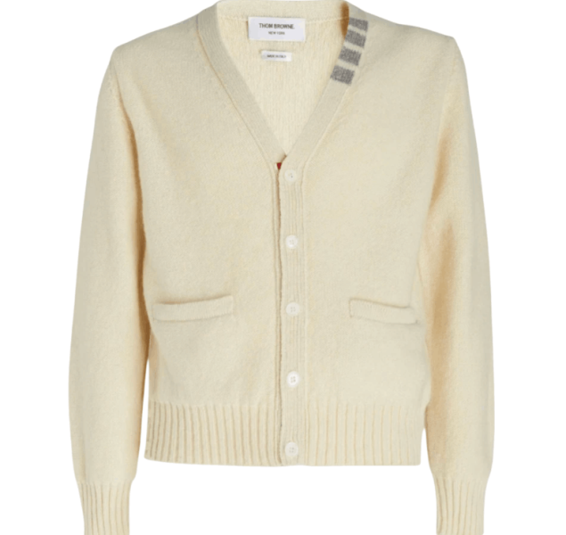 Thom Browne Reverse Jersey Stitch Donegal 4-Bar V-Neck Cardigan White