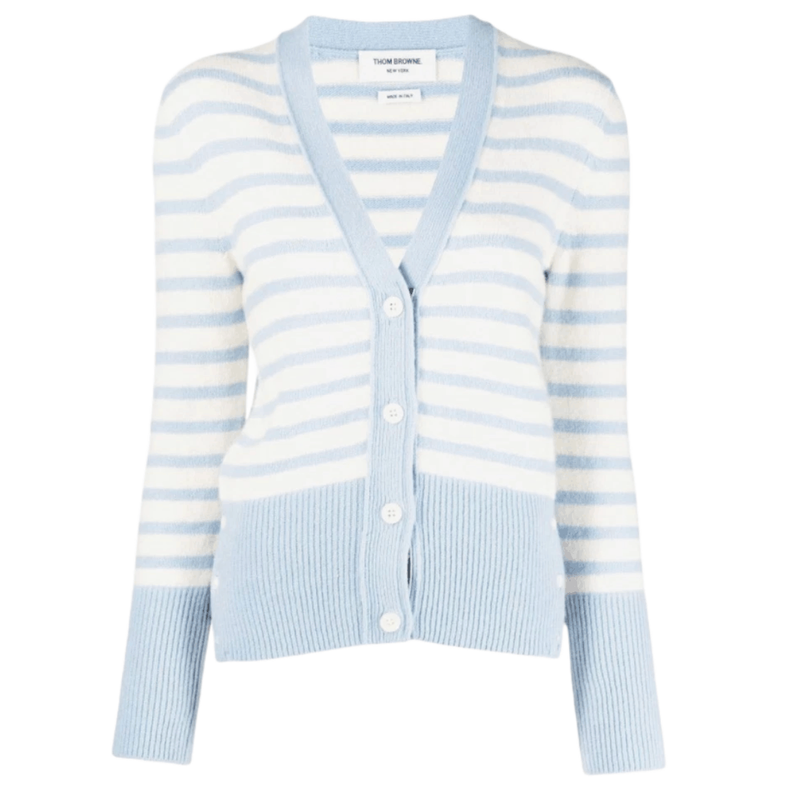 (W) Thom Browne Hairy Silk Cashmere Stripe Jersey V-Neck Cardigan Medium Blue