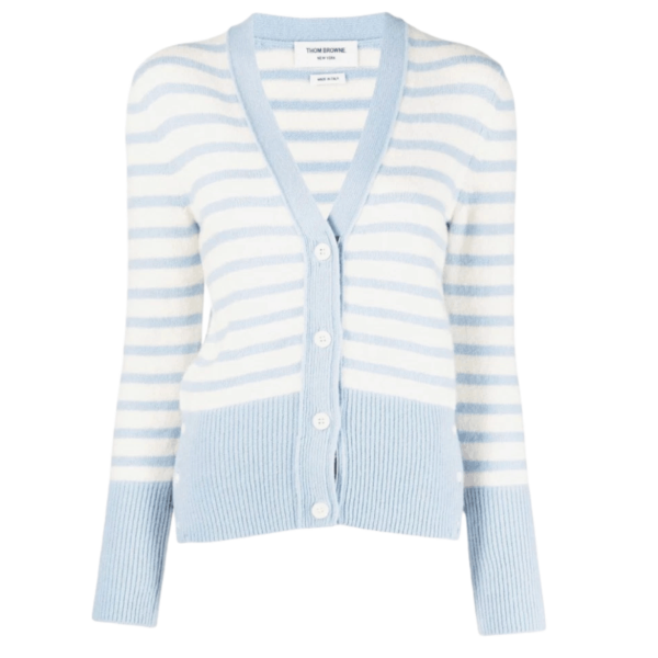 (W) Thom Browne Hairy Silk Cashmere Stripe Jersey V-Neck Cardigan Medium Blue