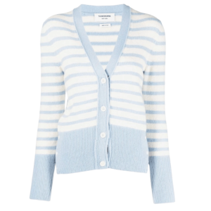 (W) Thom Browne Hairy Silk Cashmere Stripe Jersey V-Neck Cardigan Medium Blue