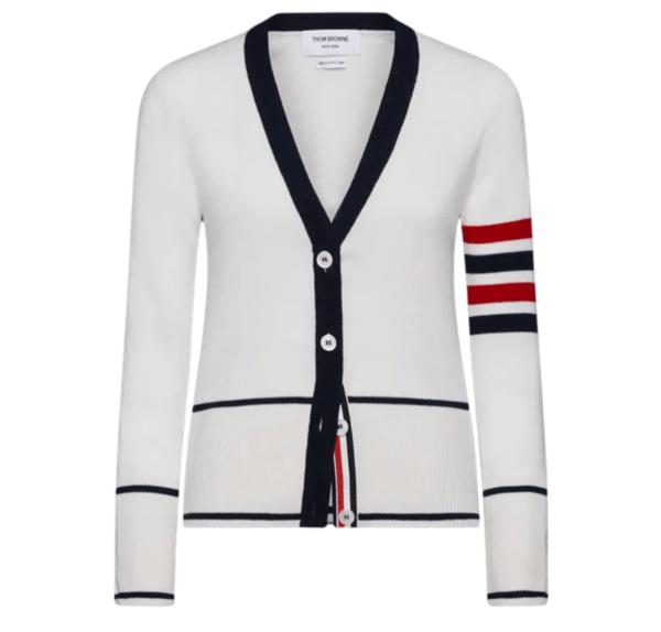(W) Thom Browne Classic Cashmere 4-Bar V-Neck Cardigan White