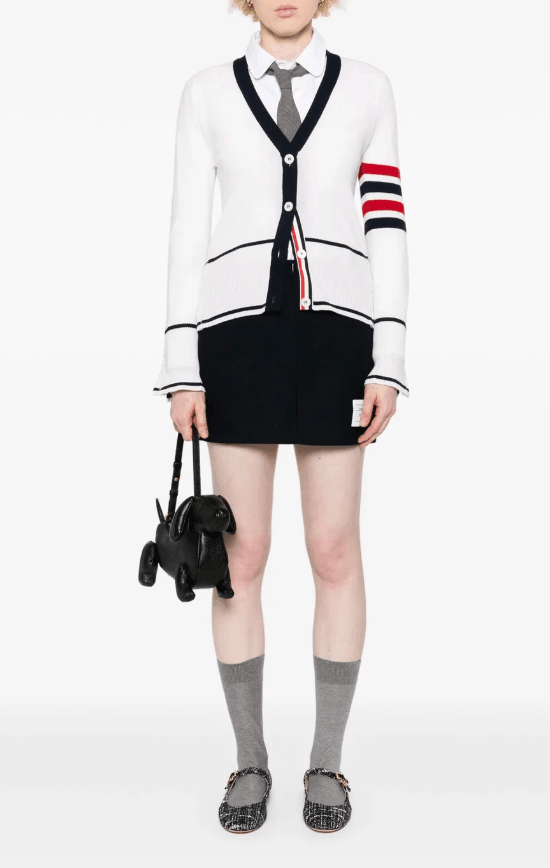 (W) Thom Browne Classic Cashmere 4-Bar V-Neck Cardigan White