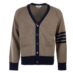 Thom Browne Shetland Wool Raglan 4-Bar Relaxed V-Neck Cardigan Medium Brown