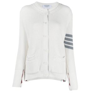 (W) Thom Browne Stitch Cotton 4-Bar Crewneck Cardigan White
