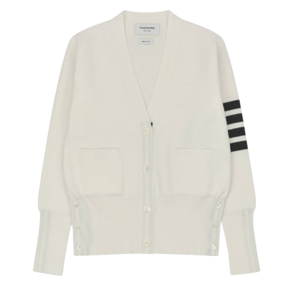 (W) Thom Browne Fine Merino Wool Milano Stitch 4-Bar Classic V-Neck Cardigan White