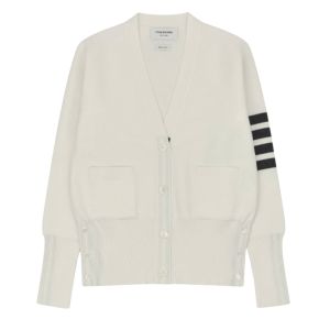 (W) Thom Browne Fine Merino Wool Milano Stitch 4-Bar Classic V-Neck Cardigan White