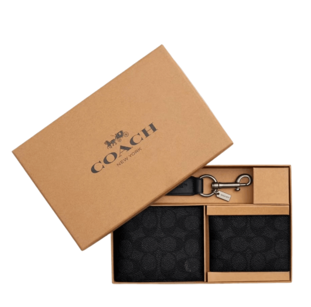 Coach Boxed 3-In-1 Wallet Gift Set in Signature Canvas Black Antique Nickel Charcoal