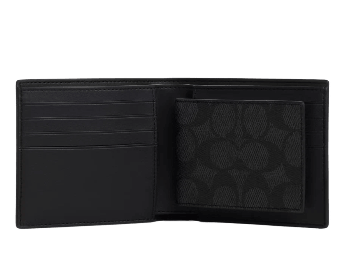 Coach Boxed 3-In-1 Wallet Gift Set in Signature Canvas Black Antique Nickel Charcoal