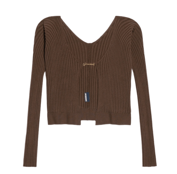 (W) Jacquemus La Maille Pralu Longue Seamless Charm Logo Cardigan Dark Brown