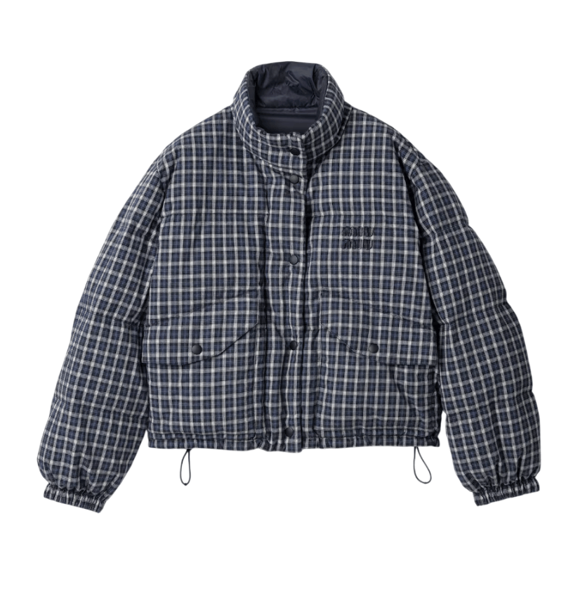 Reversible flannel down jacket Blue/White