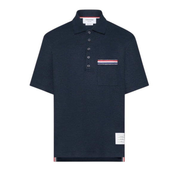 TEXTURED COTTON LINEN RWB EMBROIDERY POLO - NAVY 