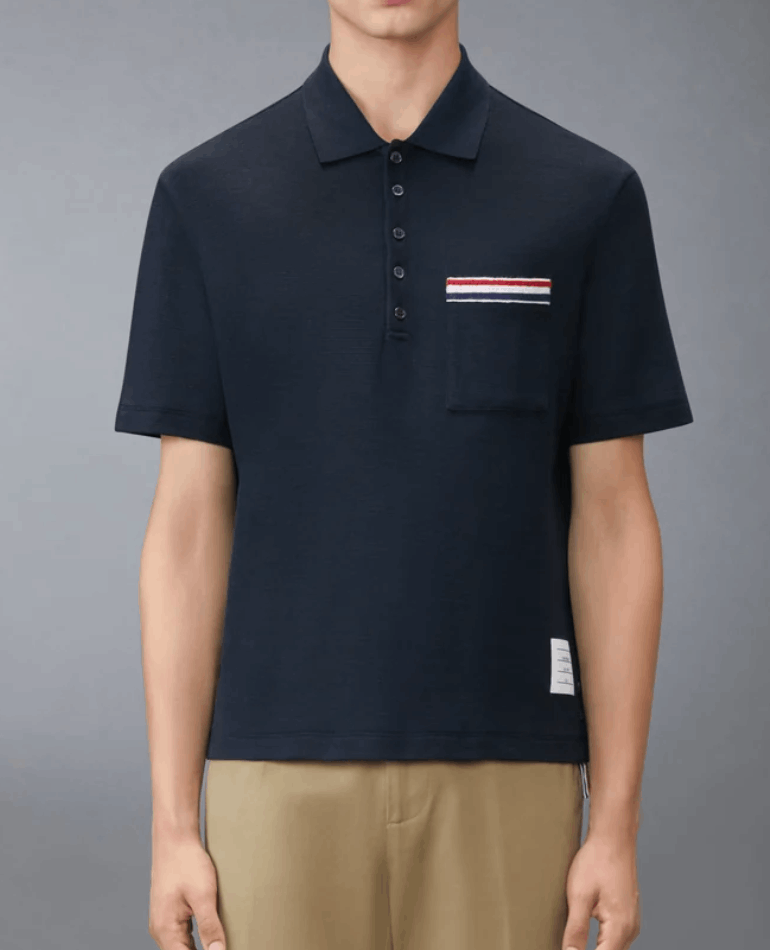 TEXTURED COTTON LINEN RWB EMBROIDERY POLO - NAVY 
