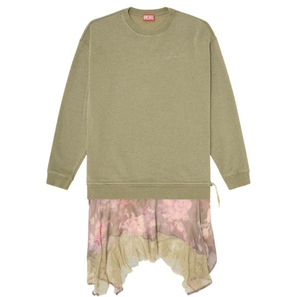 (W) Diesel Sweatshirt Dress with Chiffon and Lace Skirt Pink Green